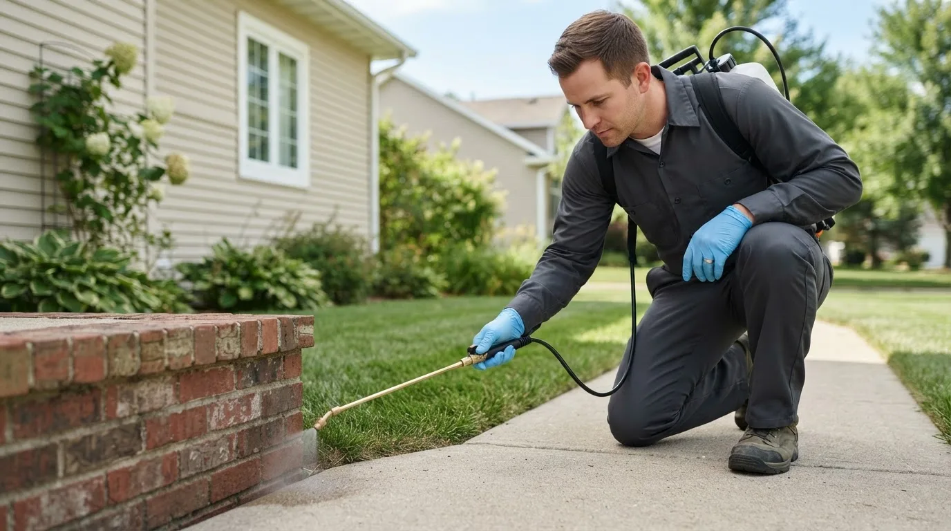 Pest control technician treating a home near Creedmoor, NC