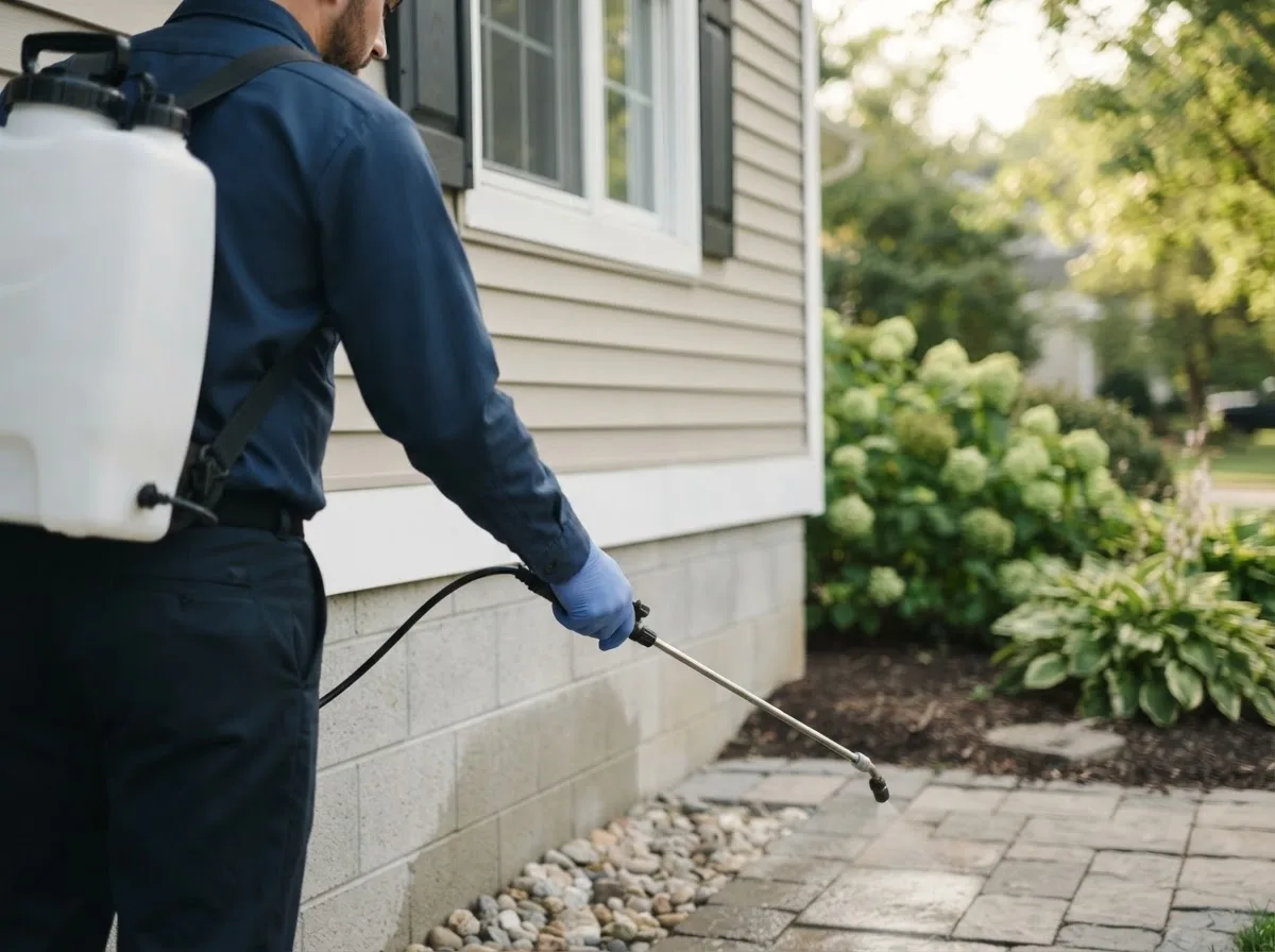 Pest control technician inspecting a home in Creedmoor, NC